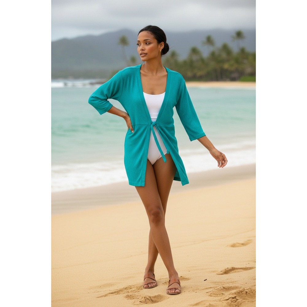Belle by Kim Gravel Womens Medium Turquoise Blue Tie Front Textured Coverup NEW